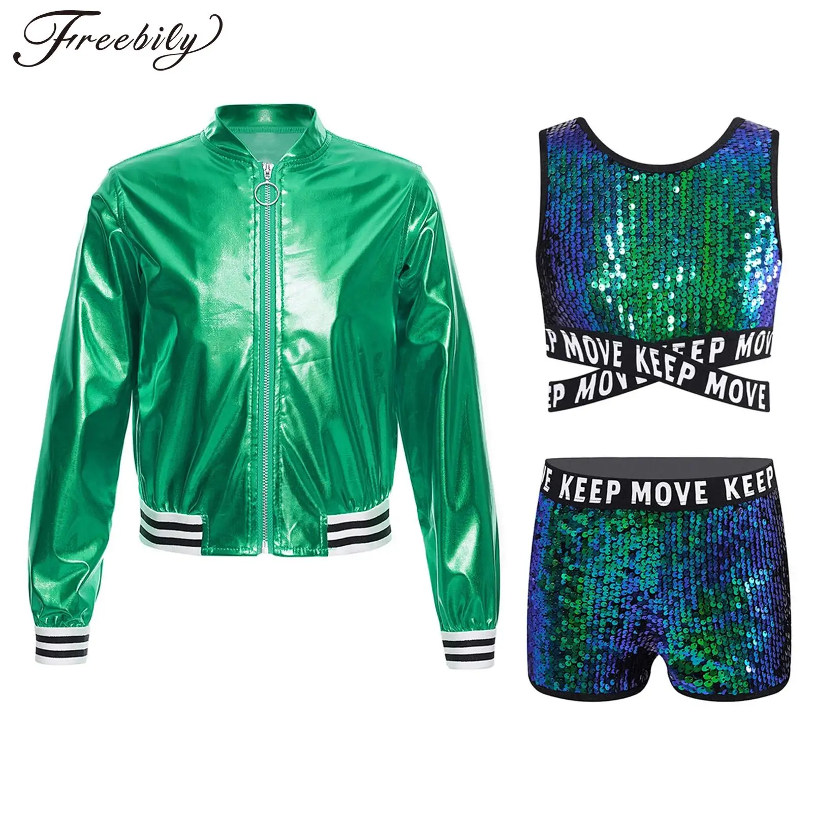 Fashion Girl Sequins Jazz Dance Outfit Dancewear Sets Kids Streetwear Sparkling Teens Hip Hop Clothes Stage Performance Costume