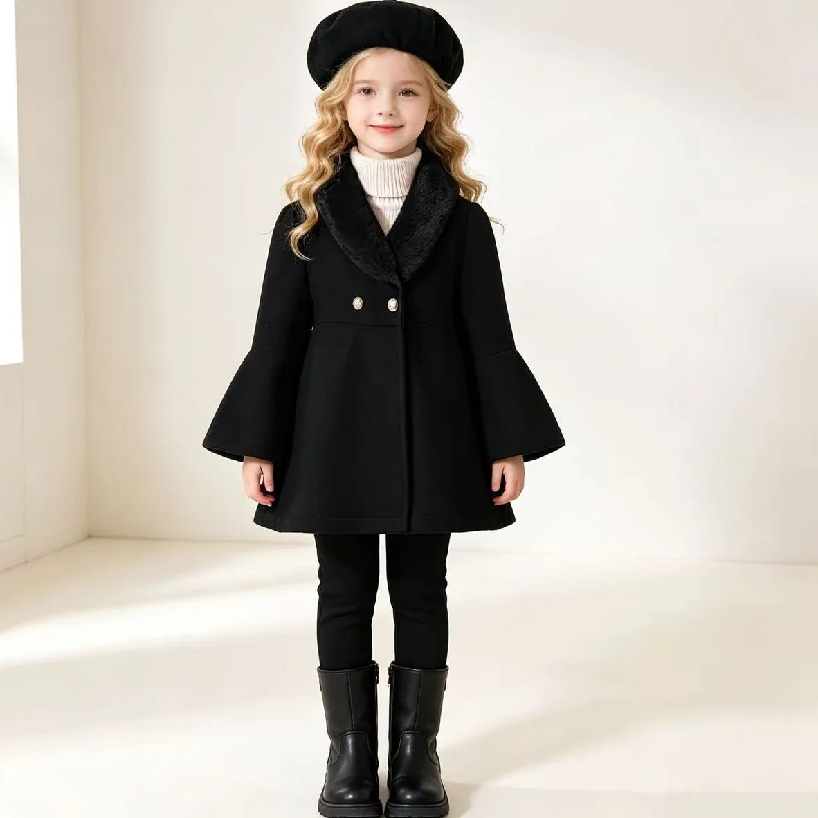 Mädchen-Herbst-Wintermantel, neue einfarbige Jacke für Mädchen mit Baskenmütze, warme, mittellange Oberbekleidung für Herbst und Winter. – Detail 2