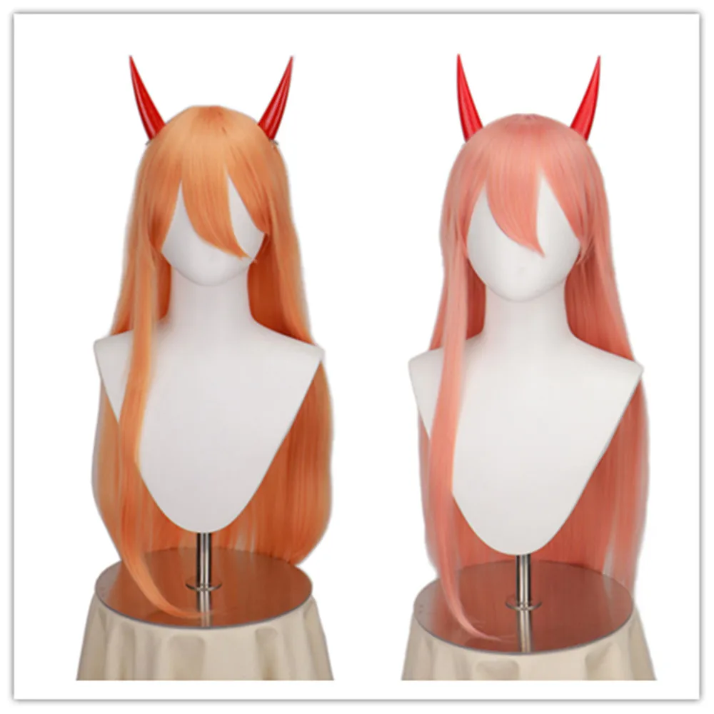 

Anime Chainsaw Man Makima Power Cosplay Wig Long Orange Pink Heat Resistant Synthetic Hair Party Role Play Wigs + Horns