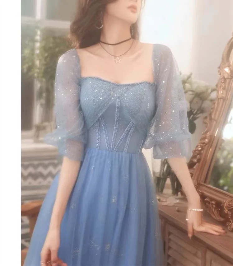 Vestidos de Noche azules elegantes con cuello barco y hombros descubiertos, lentejuelas brillantes con cordones, de tul, para fiestas de cóctel y ocasiones especiales