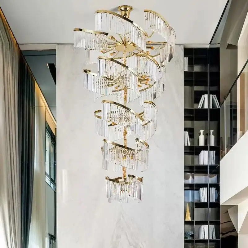 2025년형 고급 맞춤형 대형 샹들리에 펜던트 조명, 계단용 K9 크리스탈 러스터 천장 조명 (밝기 조절 가능)