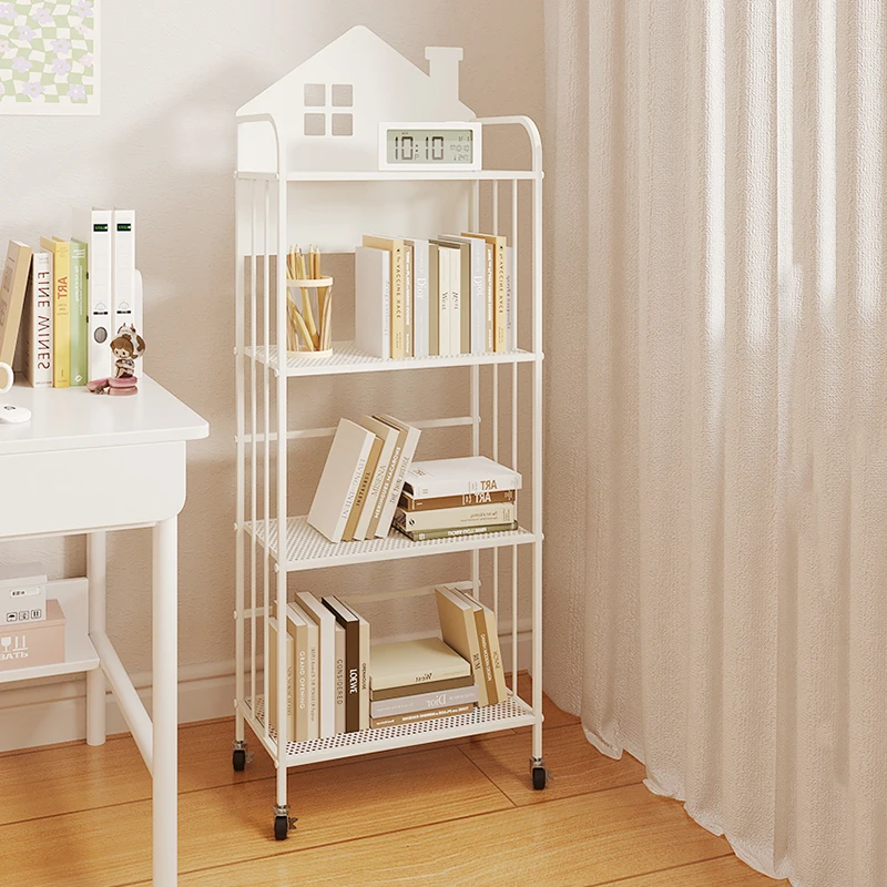 Simple Wheel Bookcases White Industrial Style Swivel Mobile Standing Organizer Bookshelf Magazine Estanteria Reading Furniture