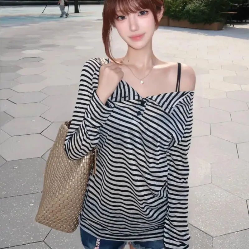 

Женская полосатая футболка с длинными рукавами в американском ленивом стиле весной и летом, модный и универсальный, свободный и тонкий топ