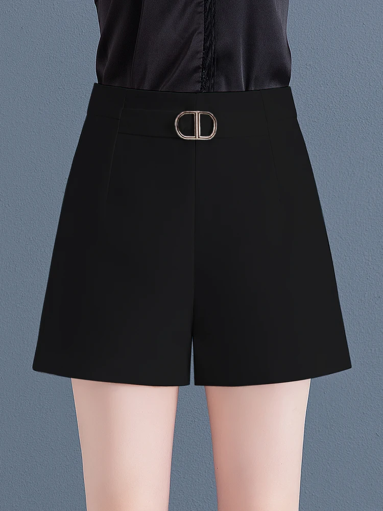 

Black Suit Shorts Women Summer Thin High Waist Slim Wide Leg A-Line Casual Pants Outerwear Polyester Fiber Elastic Fiber