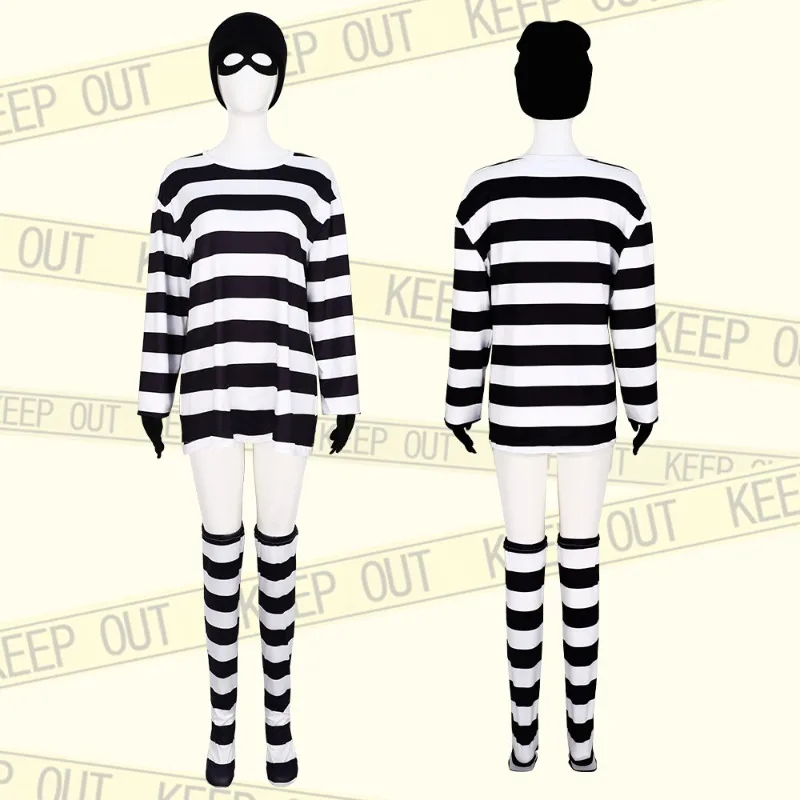 

Halloween Thief Cosplay Costume 6-Piece Set Long-Sleeve Striped Outfits for Themed Parties Disguise Ball and Stage Performances