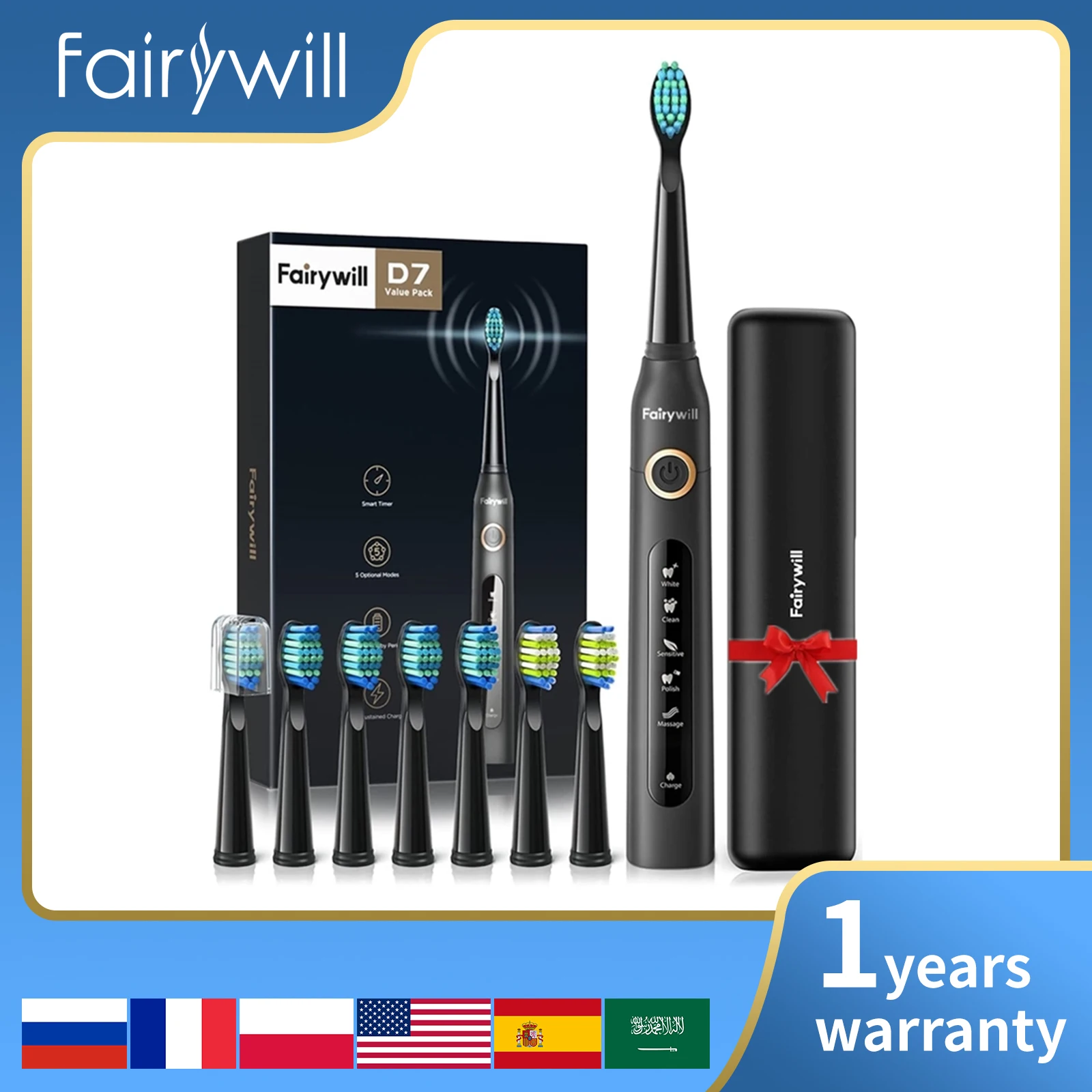 Fairywill Electric Sonic Toothbrush 5 Modes Replacement Heads Waterproof Travel Case Powerful Cleaning Soft Heads Toothbrush Set