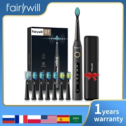 Fairywill sonic escova de dentes elétrica limpeza poderosa usb recarregável temporizador substituição cabeça lavável branqueamento escova para adulto