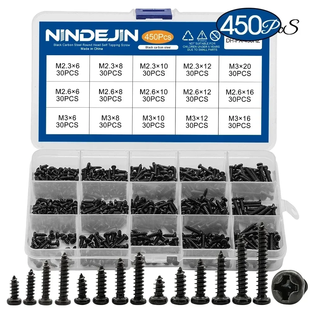 

450pcs/set Black Plated Round Pan Head Tapping Screws Set M2.3 M2.6 M3 Carbon Steel Computer Mini Screw Phillips Screw Kit