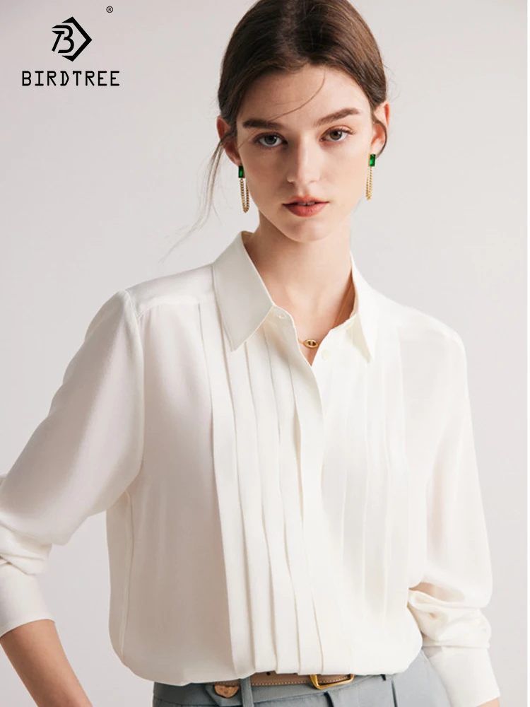 Birdtree 18 Mm Woman White Shirts 100% Mulberry Silk Turn Down Collar Solid Chic Blouses Spring Summer Office Lady Top T35704C