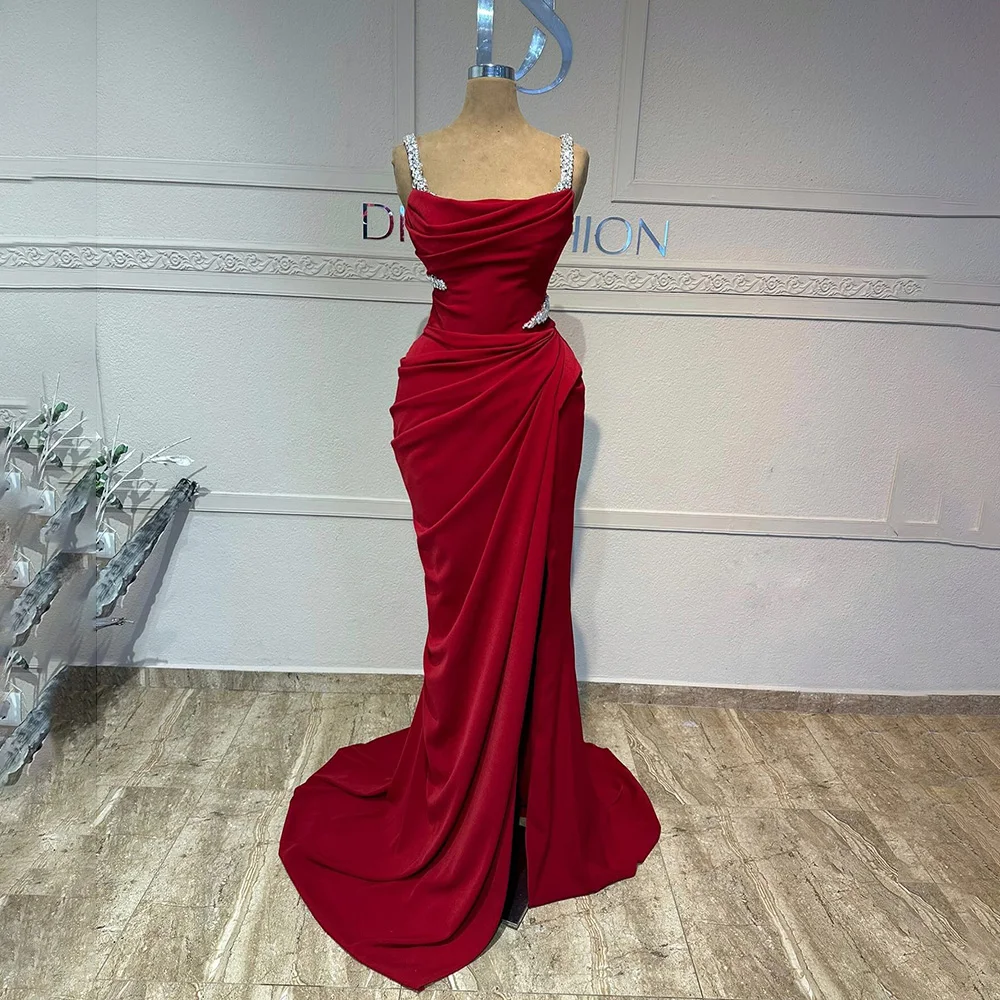 

Stunning Spaghetti Straps Satin Beaded Crystal Prom Dress Prom Club Gown Mermaid Side Slit for Women with Court vestido festa