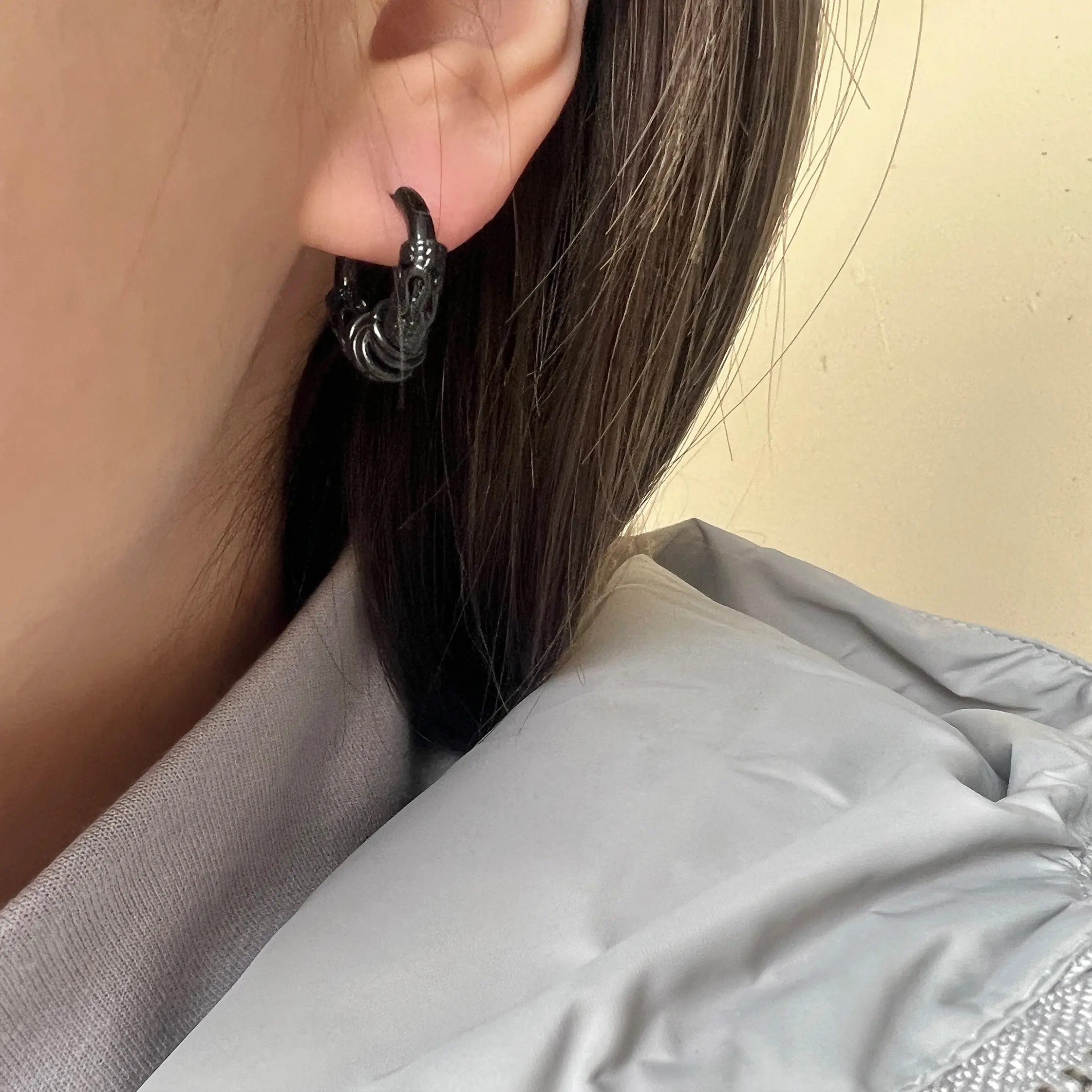 Punk Hollow Totem Hoop Earrings for Women Titanium Steel Solid Color Hip Hop Earrings Unique Design Statement Jewelry Gift