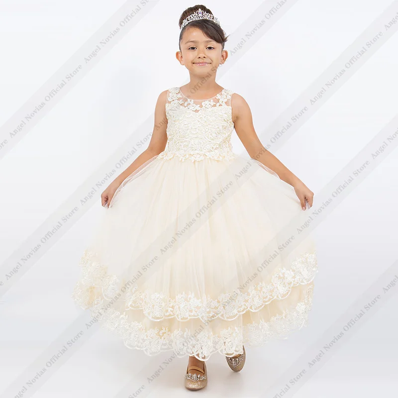 Vestido de niña de las flores Angel Novias, largo té, color champán, con encaje, para Primera Comunión, boda o fiesta de graduación 2026