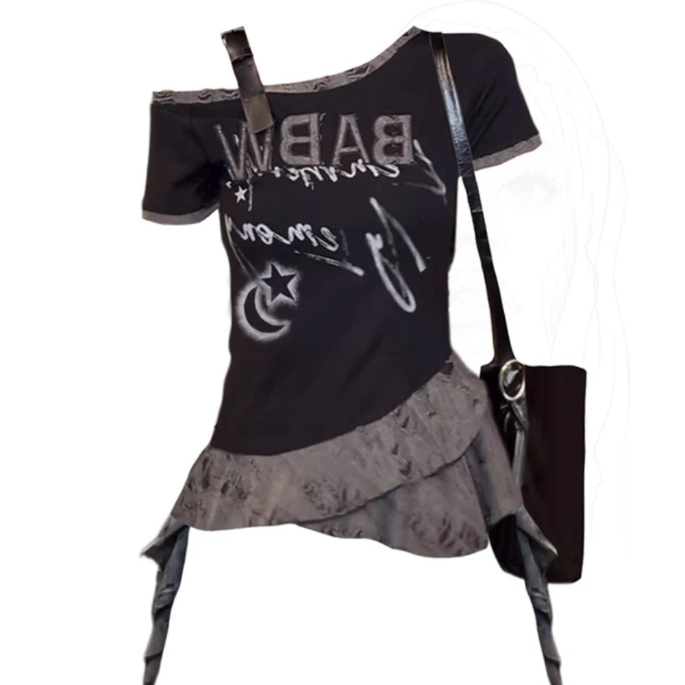 

Big Size T Shirt Women Y2k Vintage Off Shoulder Short Sleeve with Print Women Casual Summer Top Tops Tees Summer Fashion