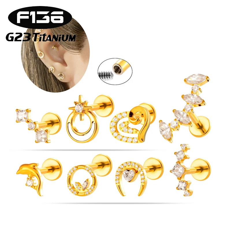 1 pièce Piercing Labret en Titane G23 avec Zircon Cubique Œil de Cheval, à Filetage Interne et Dos Plat, pour Oreille, Lèvre, Tragus, Cartilage