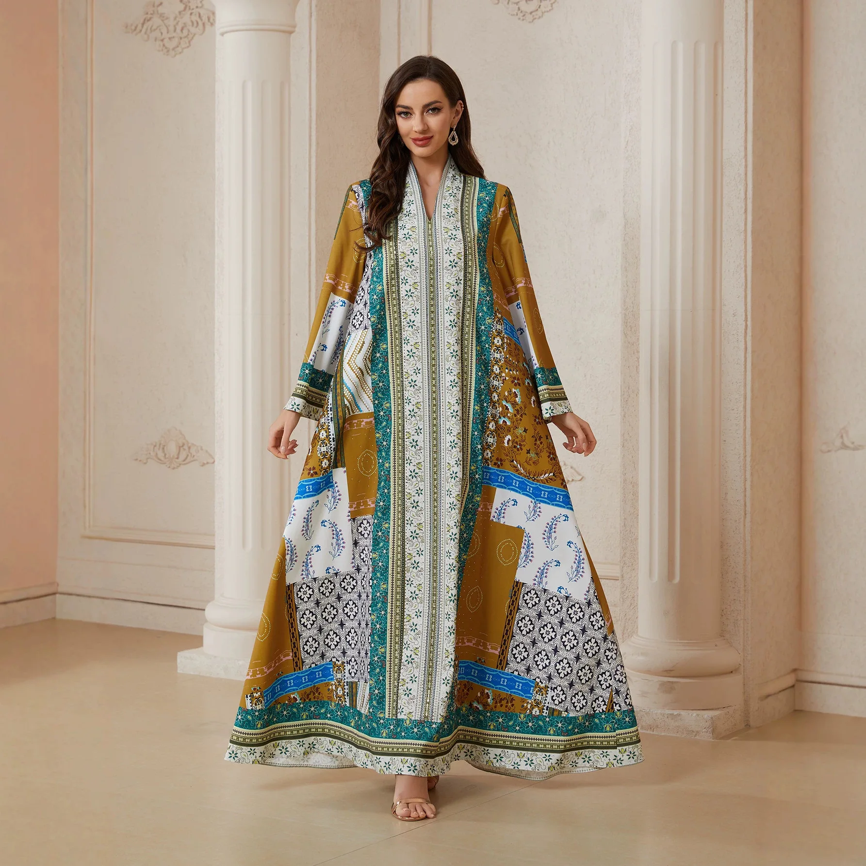 

Print Dress Women Dubai Abaya Kaftan Eid Muslim Party Dresses Diamonds Long Robe Ramadan Morocco Abayas Islam Vestidos Jalabiya