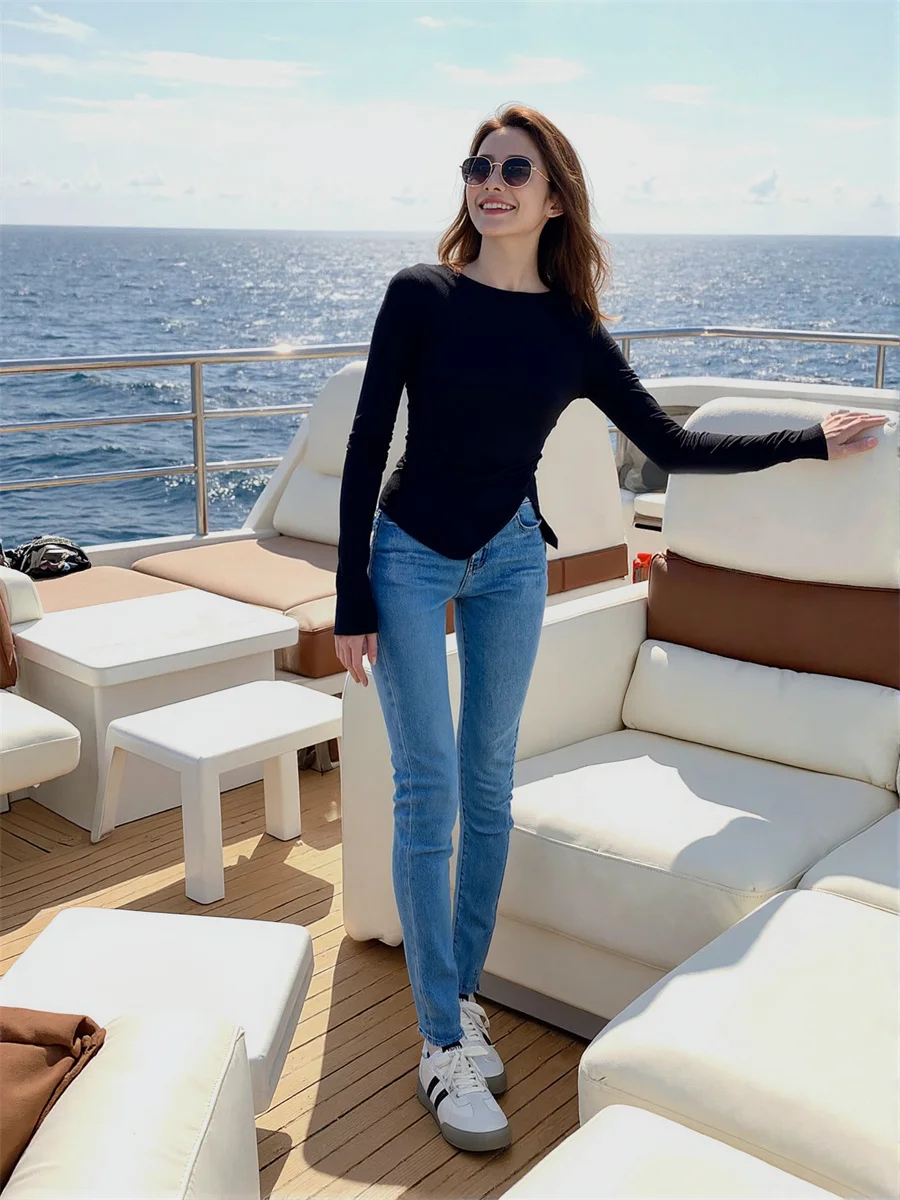 

Узкие узкие синие джинсы, женские карманные детали, повседневные джинсовые женские брюки, модная женская уличная одежда в винтажном стиле, весна-осень