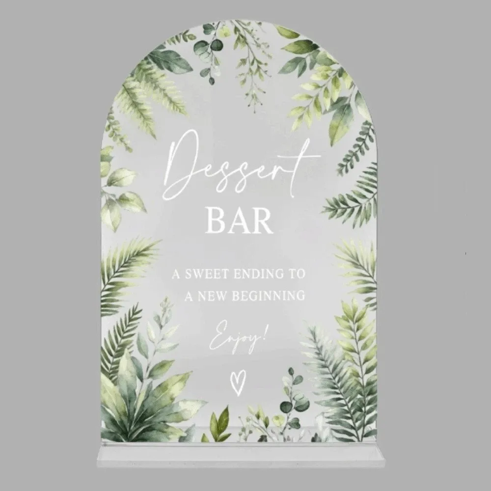 2D Flat Acrylic Table Sign Arch Shape Green Leaf Design Dessert Table Sign with Stand Transparent Table Top Sign Bar Decor