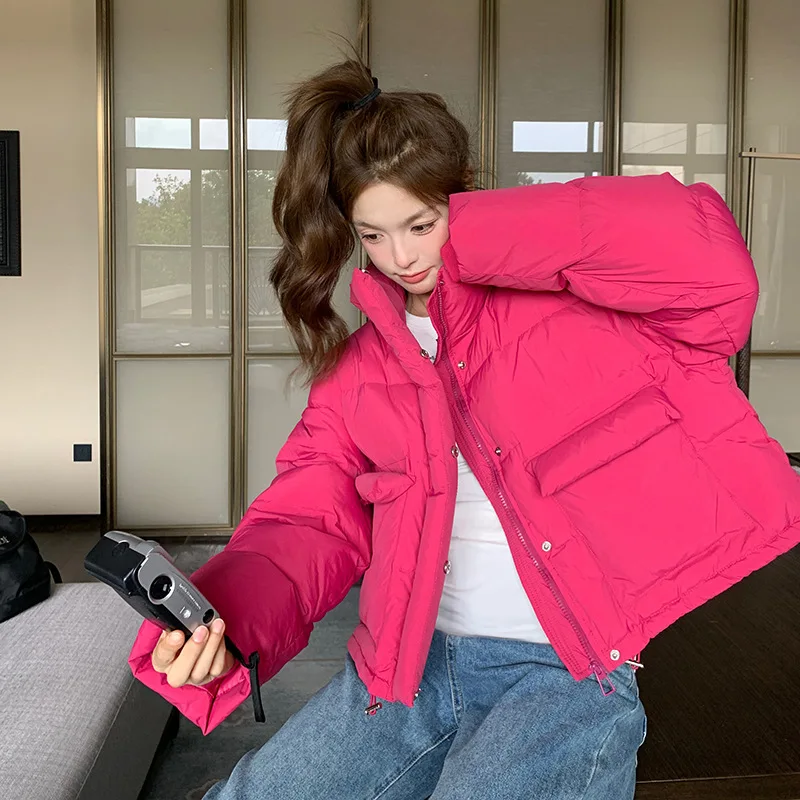 Rose red short style down jacket women's winter new fashionable casual solid color simple and versatile bread jacket