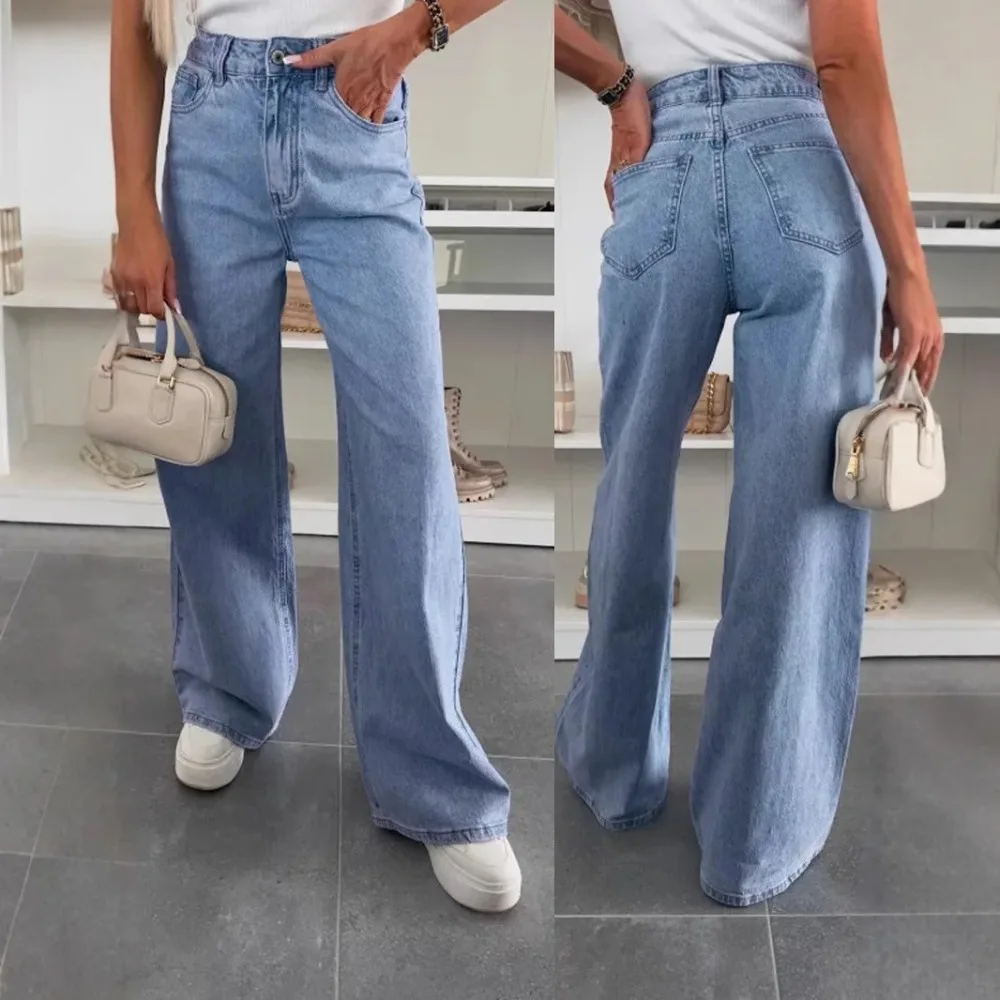 

Jeans Women Vintage Wide Leg Pants Denims Solid Trousers High Waist Pockets Washed Distressed Floor Length Streetwear 2025