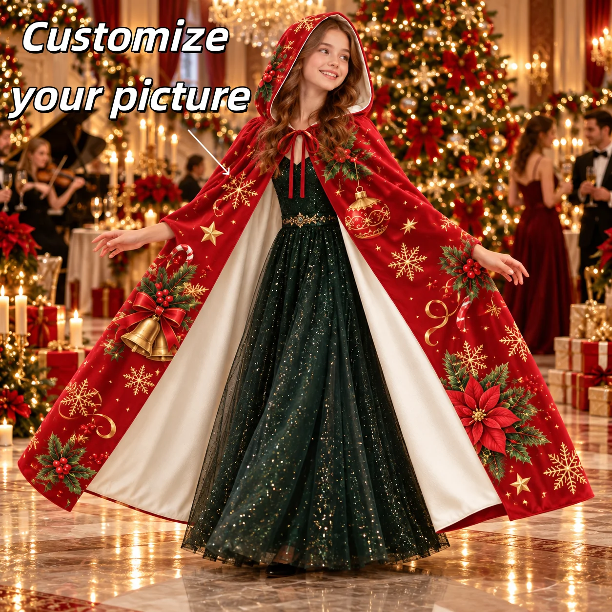 Custom Youth Hooded Cloak Crystal Super Soft Cape Printed Christmas Holiday Party Costume Unisex