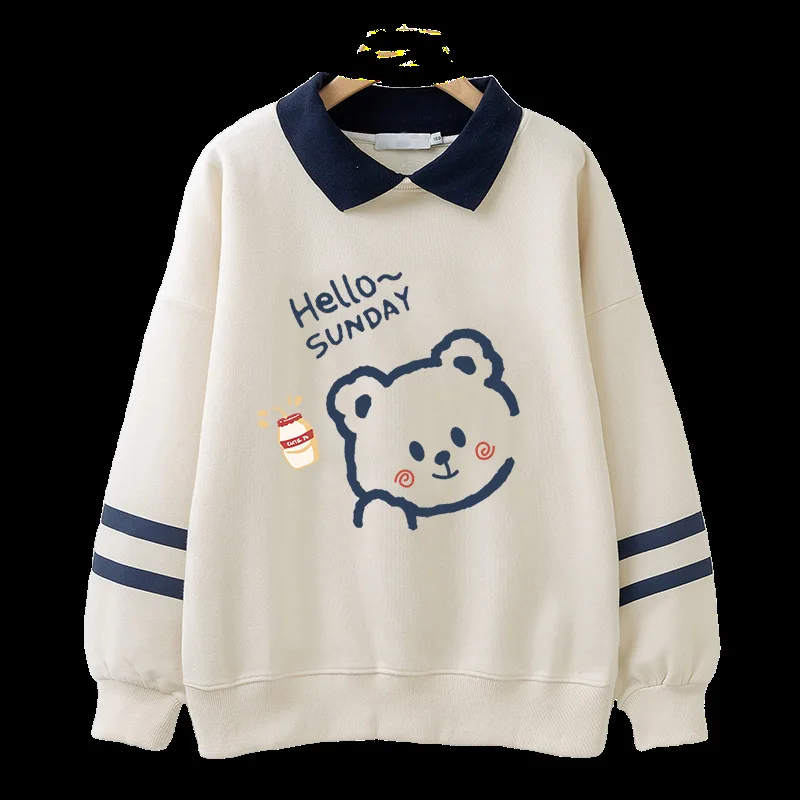 Autumn and Winter Plus Velvet Thick Polo Collar Sweatshirt for Girls, College Style Vacation, Two Long Sleeved Base Tops