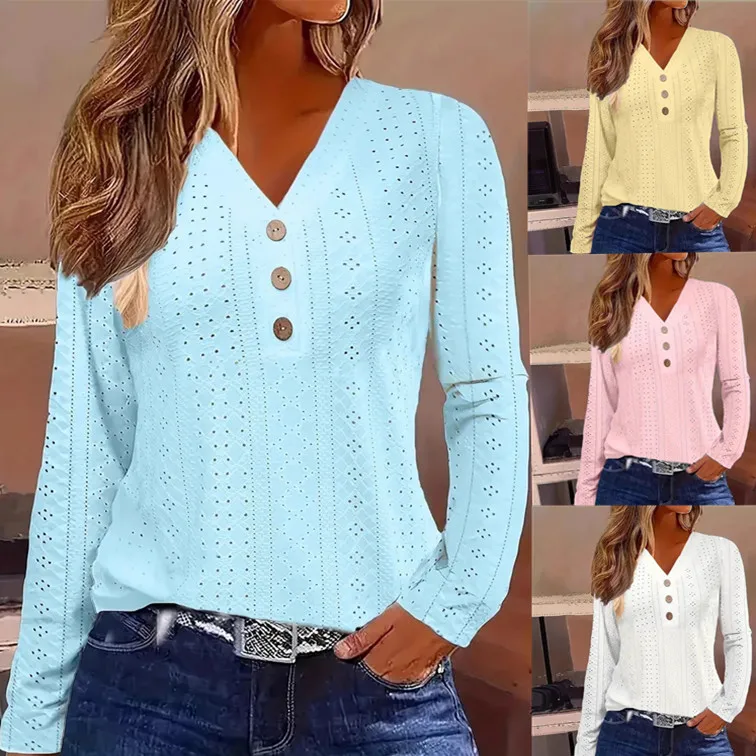 

Y2K new autumn and winter women's fashion V-neck button-up shirt casual hollow texture solid color long-sleeved top