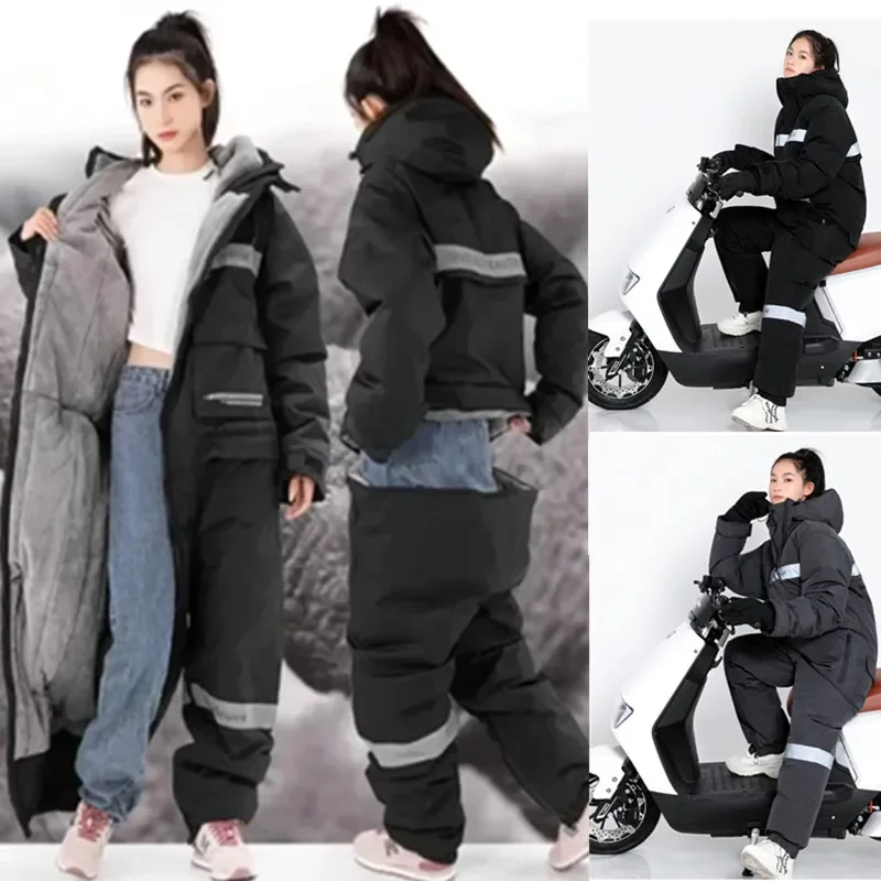 Adult Winter Electric Bicycle Jumpsuit Warm Plush Riding Split-leg Knight Racing Motorcycle Riding Suit