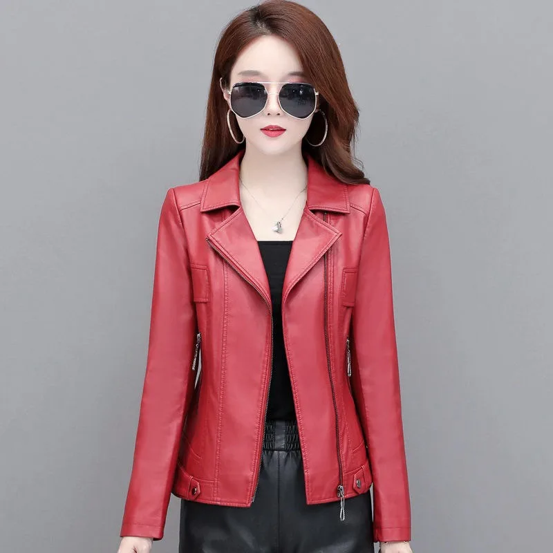 2023 Spring Autumn New Women Short Motorcycle Wind Leather Jacket Imitation Sheep Slim Foreign Style Loose Thin Small Coat