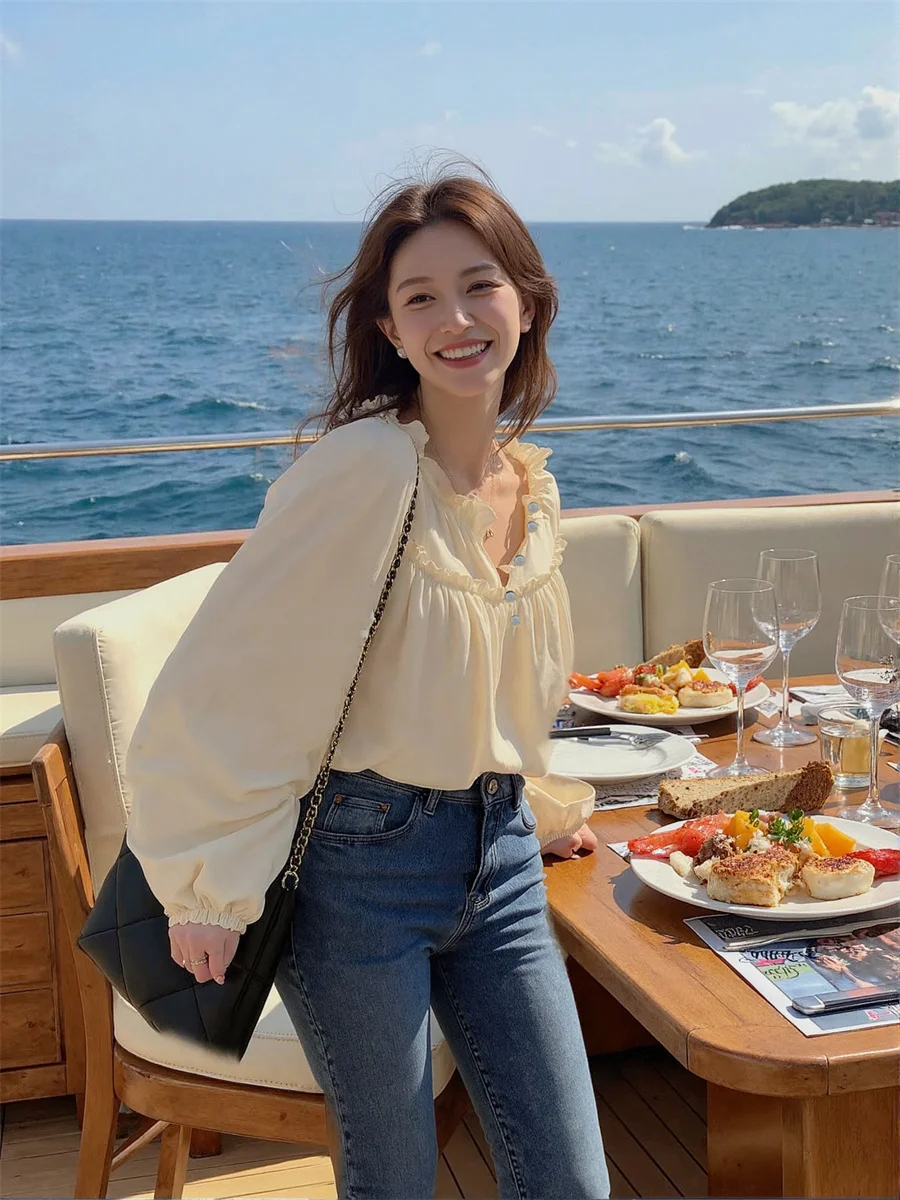 قمصان نسائية كم طويل فانوس المشمش Y2K أزياء الشارع الجمالية نمط بسيط أساسي الحد الأدنى زر الجبهة البلوزات القطنية