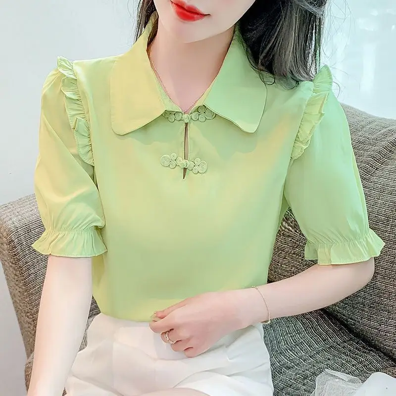 2024 Summer New Women\'s Solid Color Turn-down Collar Slim Elegant Versatile Short Sleeve Commuter Pan Button Chiffon Shirt Tops