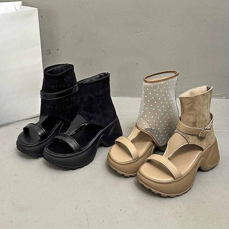 2026 New High Top Roman Sandals Women's Summer Mesh Fish Mouth Small Net Face Slope Heel Cool Boots