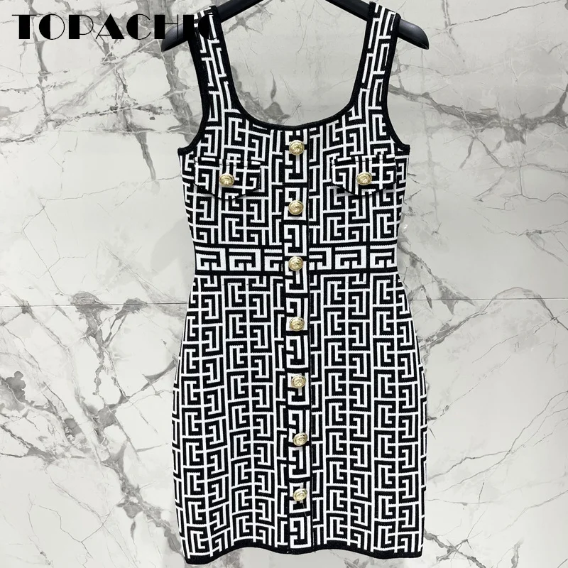 

8.5 TOPACHCI Women Gold Button Design Geometric Print Pattern Knit Mini Dress U-Neck Sexy Suspender Tank Package Hip Dress