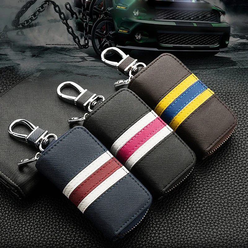 Fashion colorful stripes leather key bag universal key case for car keychain men women key wallet mini zipper purse key holder