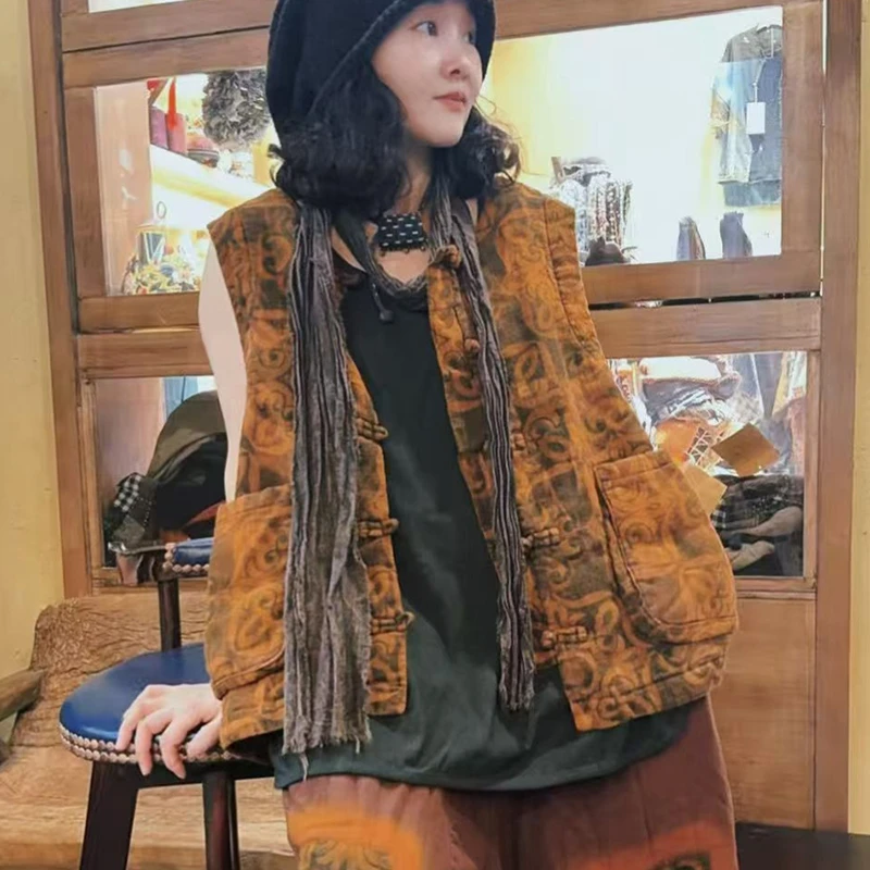 

New Arrival Autumn Winter Women Casual Vintage Print O-neck Single Breasted Vest Long Sleeve Cotton Linen Outerwear & Coats Y144