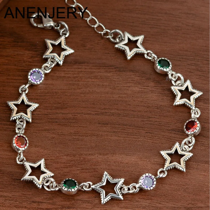 ANENJERY Metall Hiphop Stil Bunte Kubikzircon Stern Charm Armband Schloss Kette Armband für Frauen Vintage Party Schmuck Geschenke