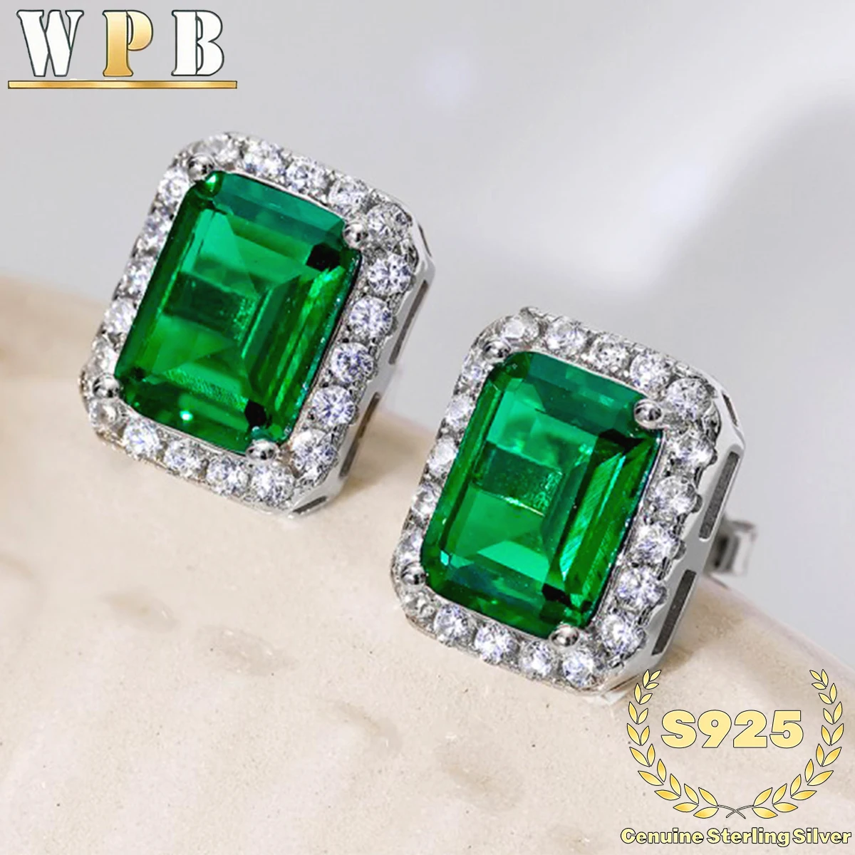 S925 Sterling Silver Stud Earrings Emerald Green Zircon Four Prong Double Halo for Women Classic Formal Wedding Bridal Jewelry