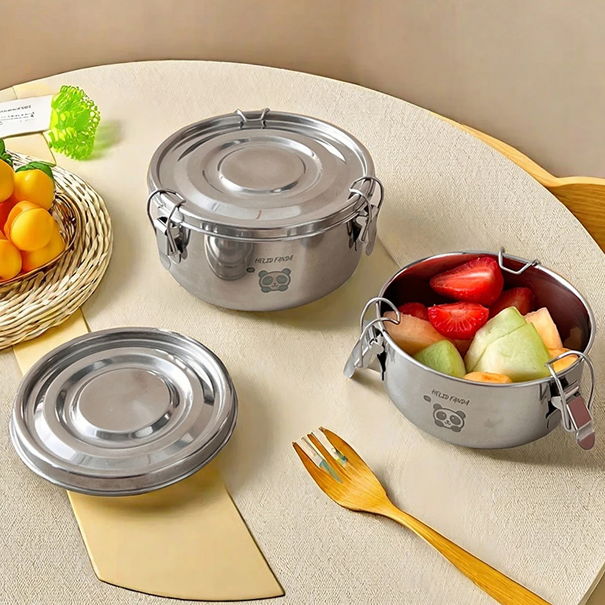 WORTHBUY Portable Round Lunch Box With Lid 304 Stainless Steel Food Storage Container Leak-Proof Bento Box For Camping Picnic