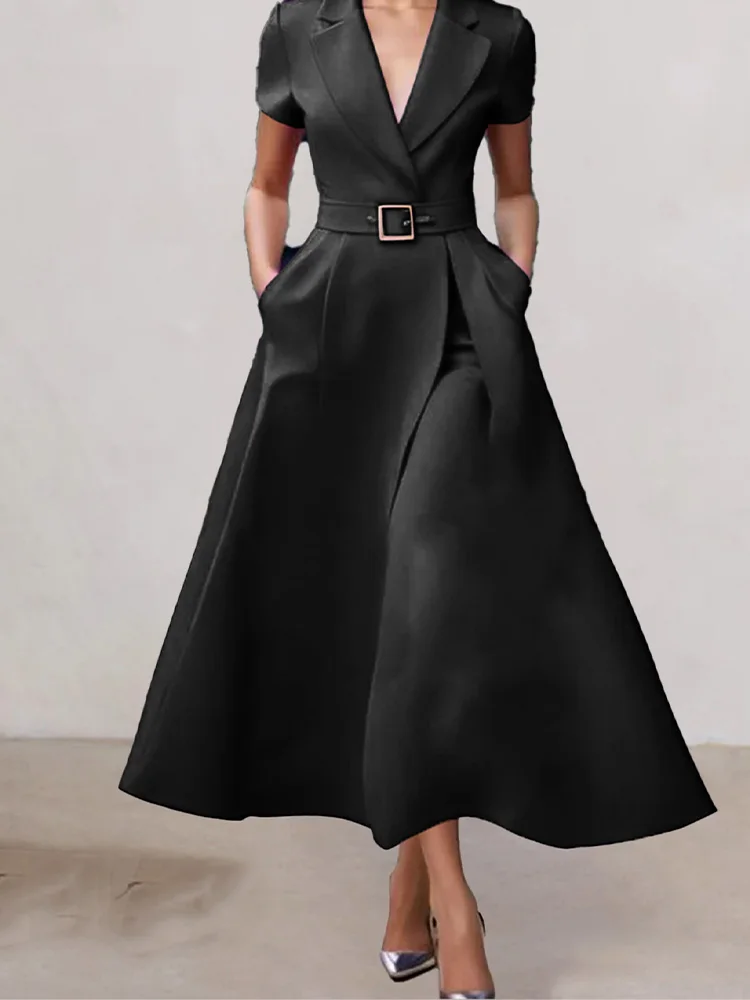 فستان نسائي أنيق مكتب سيدة مزاجه كم قصير ألف خط فستان طويل أنثى ميدي حفلة فيستدوس رداء مع حزام 2025 #3