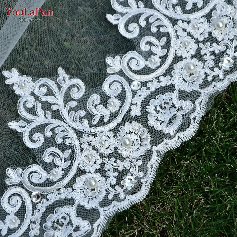 YouLaPan V153 Luxury Cathedral Wedding Veil with Crystal Pearl Bridal Veil Cathedral Veil with Floral French Lace Trim