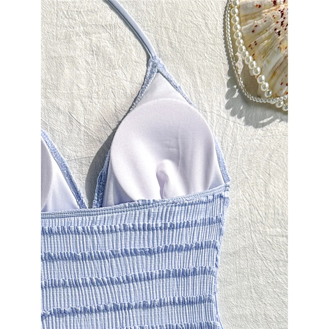 Neuer einteiliger Badeanzug mit V-Ausschnitt und Neckholder, bedruckt mit Seesternmotiv, Damen-Badebekleidung, Damen-Badeanzug mit gerafftem, hoch geschnittenem Beinausschnitt, Badeanzug, Modell V8431. – Detail 20