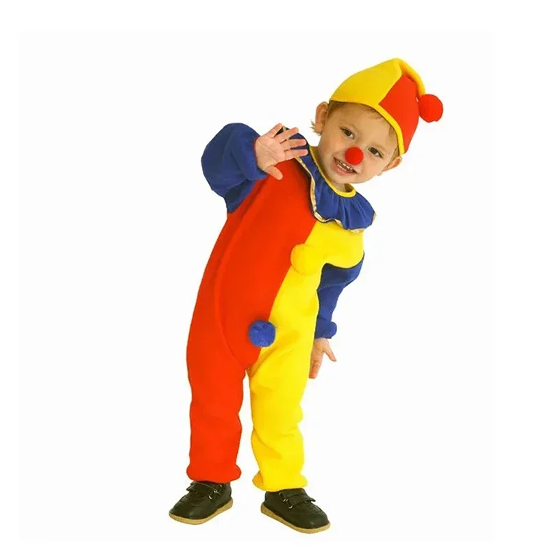 Mn1 crianças carnaval palhaço circo cosplay trajes de halloween crianças meninos meninas bebê aniversário festa de halloween macacão hat8/yg