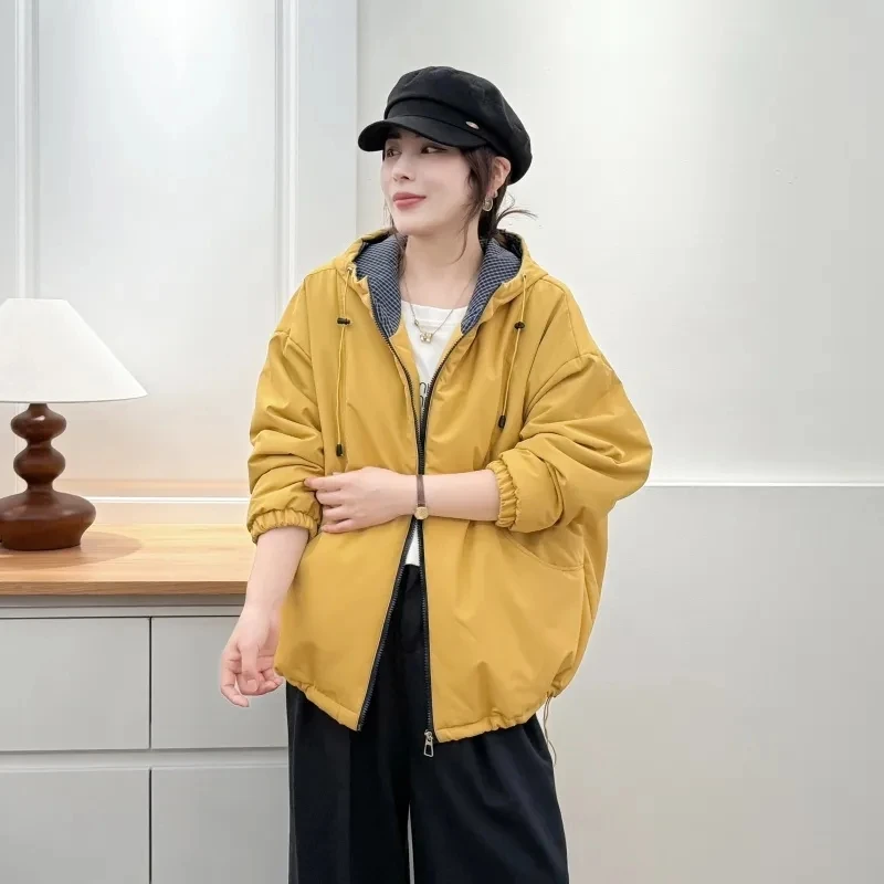 

Korean Large Size Women's Clothing 2025 Autumn Winter New Loose Casual Hooded Jacket Warm Casual Outerwear w1456