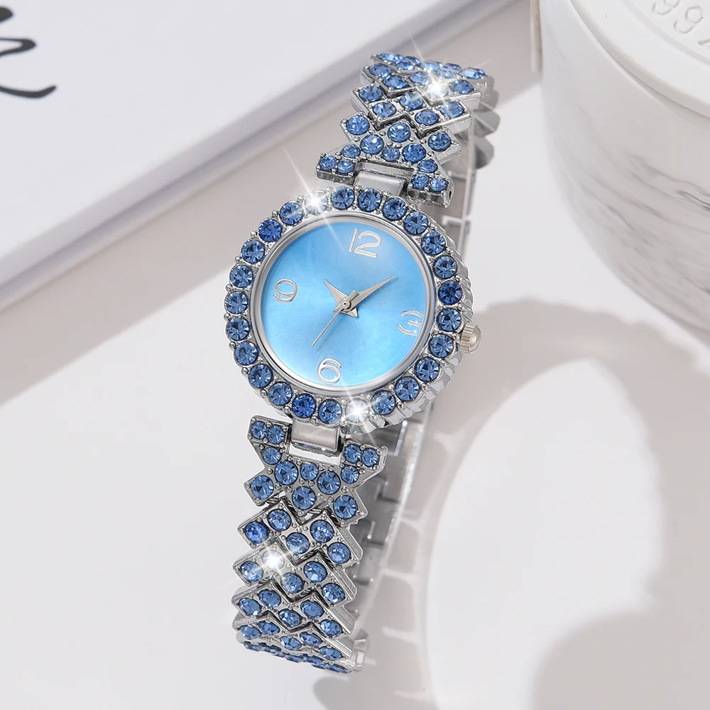 Silver Blue 6PCS/Set Women Quartz Wristwatch Light Luxury Simple Blue Dial Watch Alloy Strap Watch Jewelry Set Gift For Girls