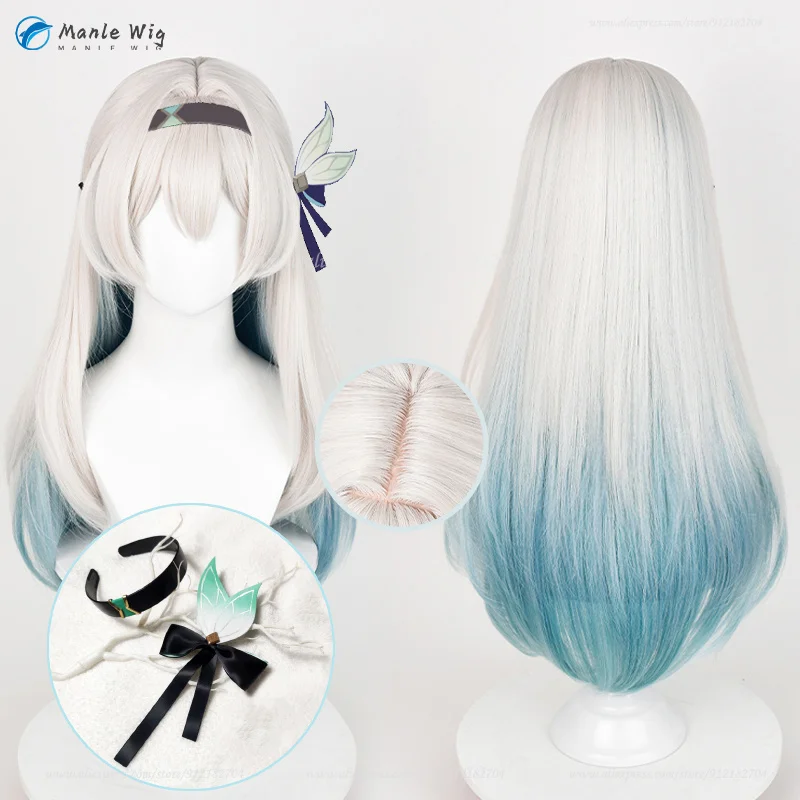 Anime HSR Firefly perruque 67 cm de Long gris vert dégradé luciole Cosplay perruques résistant à la chaleur cheveux synthétiques Halloween perruque + bonnet de perruque