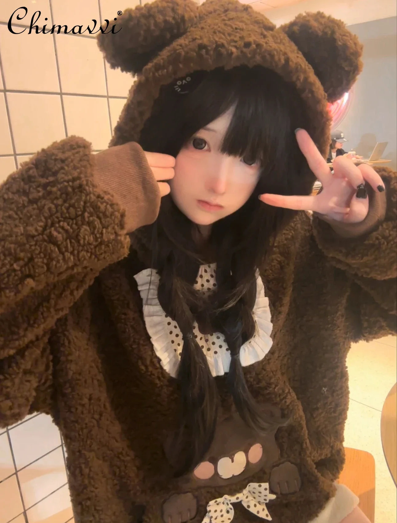 Original Cute Bear Ear Lamb Wool Saliva Towel Bag Sweatshirt Autumn and Winter New Kawaii Sweet Girl Lady Loose Warm Hooded Tops