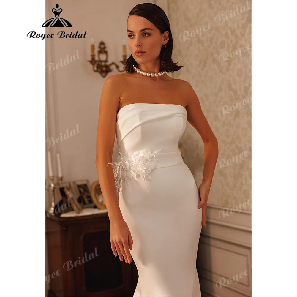 Strapless Satin Mermaid Wedding Dress 3D Feather Floral Appliqued Waist Fitted Court Train Elegant  Vestido De Novia Customized
