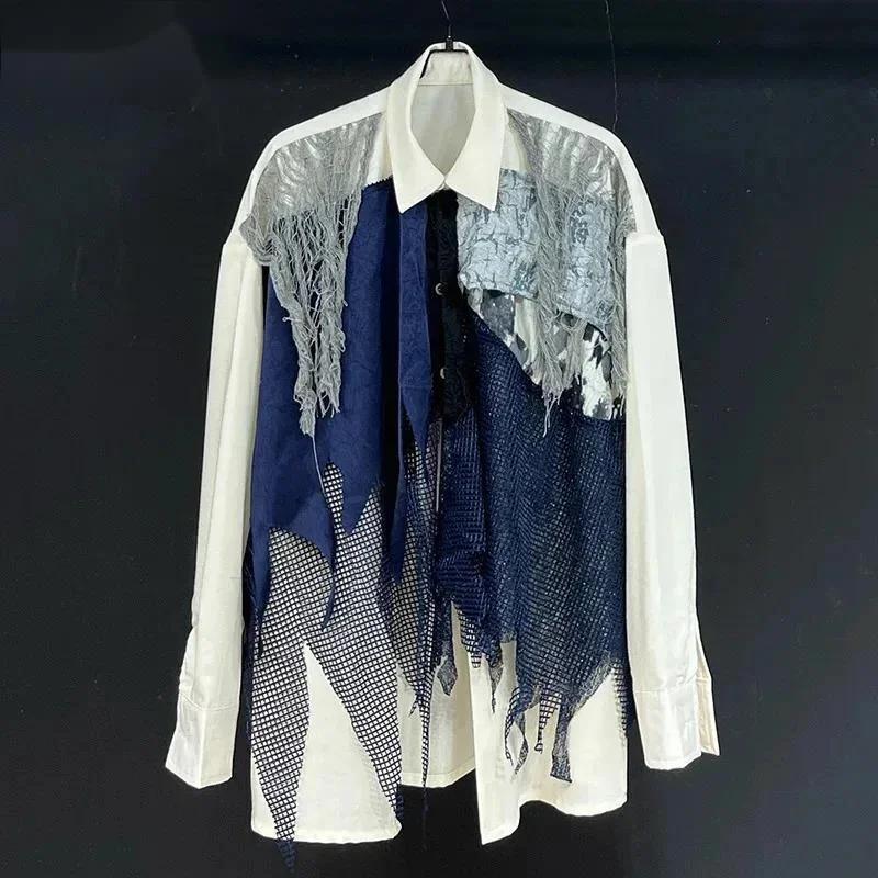 Design Blue Design Men's Shirt 2025 Loose Casual Versatile Top Contrast Color Long Sleeve Male Tops CDFR54
