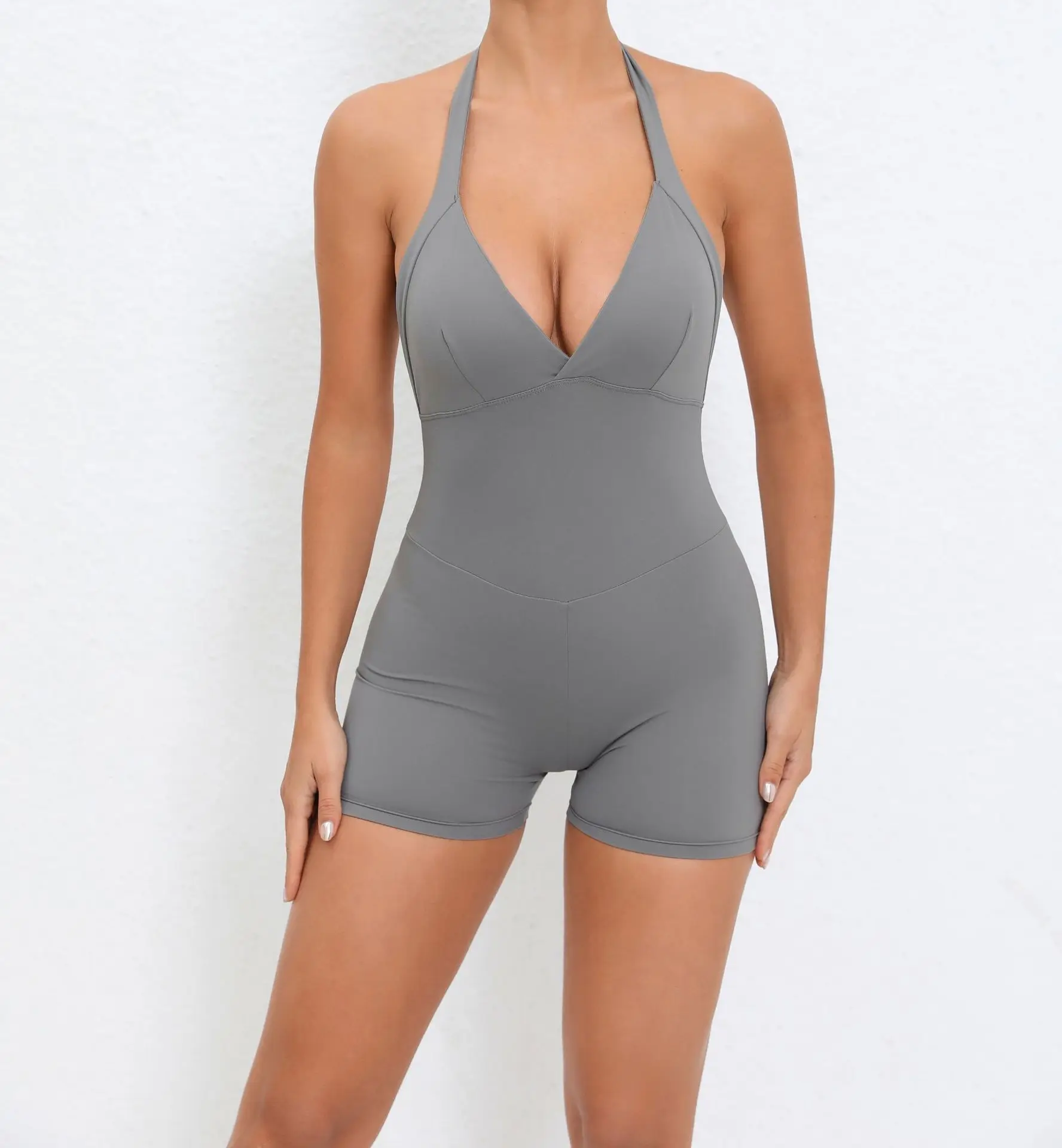 Macacão de uma peça com decote em v sem costas para mulheres terno esportivo yoga macacão roupas esportivas com bolso sem mangas treino bodysuits feminino