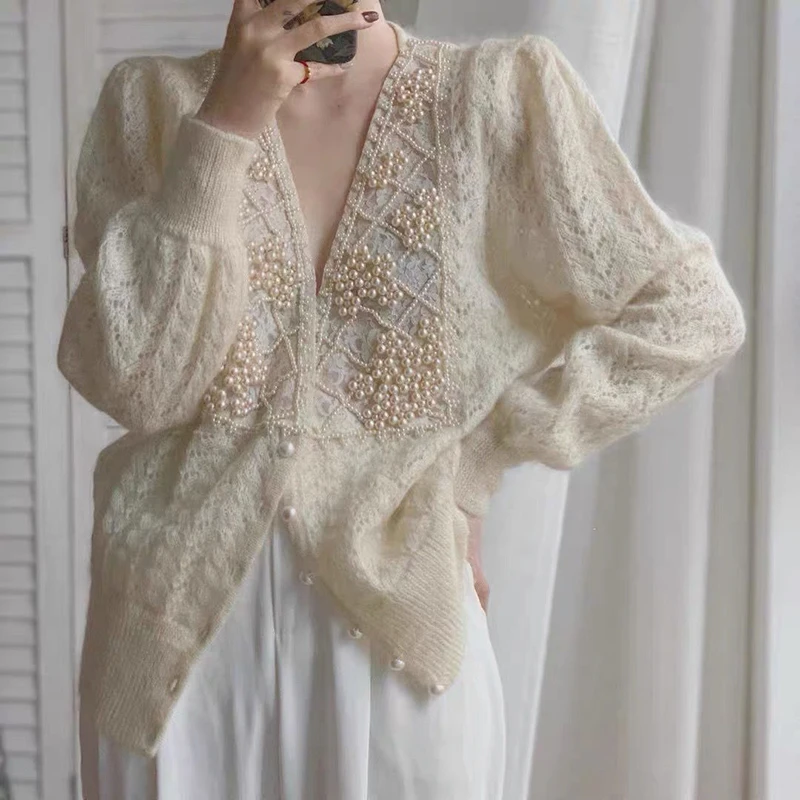 Fashion V-neck Pearl Inlaid White Cardigan Designer Sweater Jacket Women Spring Autumn New Elegant Loose Hollow Out Crochet Top