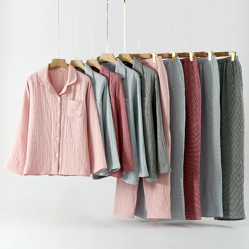 new-thickened-four-layer-pure-cotton-flannel-couples-sleepwear-set-men's-style-simple-home-clothes-long-sleeve-collar